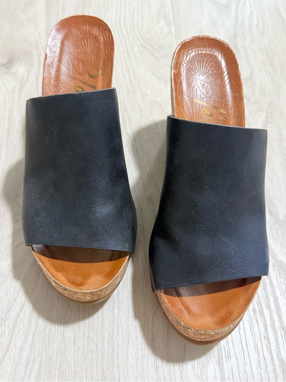 Blowfish Black Open-Toe Cork Wedge Mules